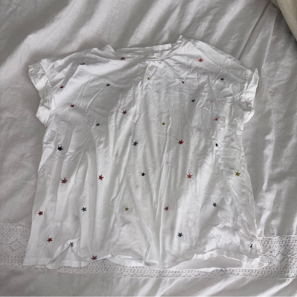 Lou & Grey LOFT Cozy 100% Cotton Star Embroidered Tee size L White rainbow